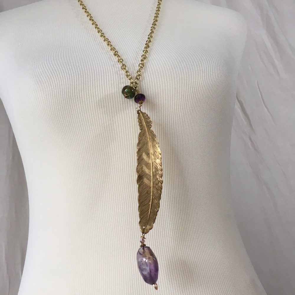 Chunky Gold Chain Ametrine Feather Necklace‎